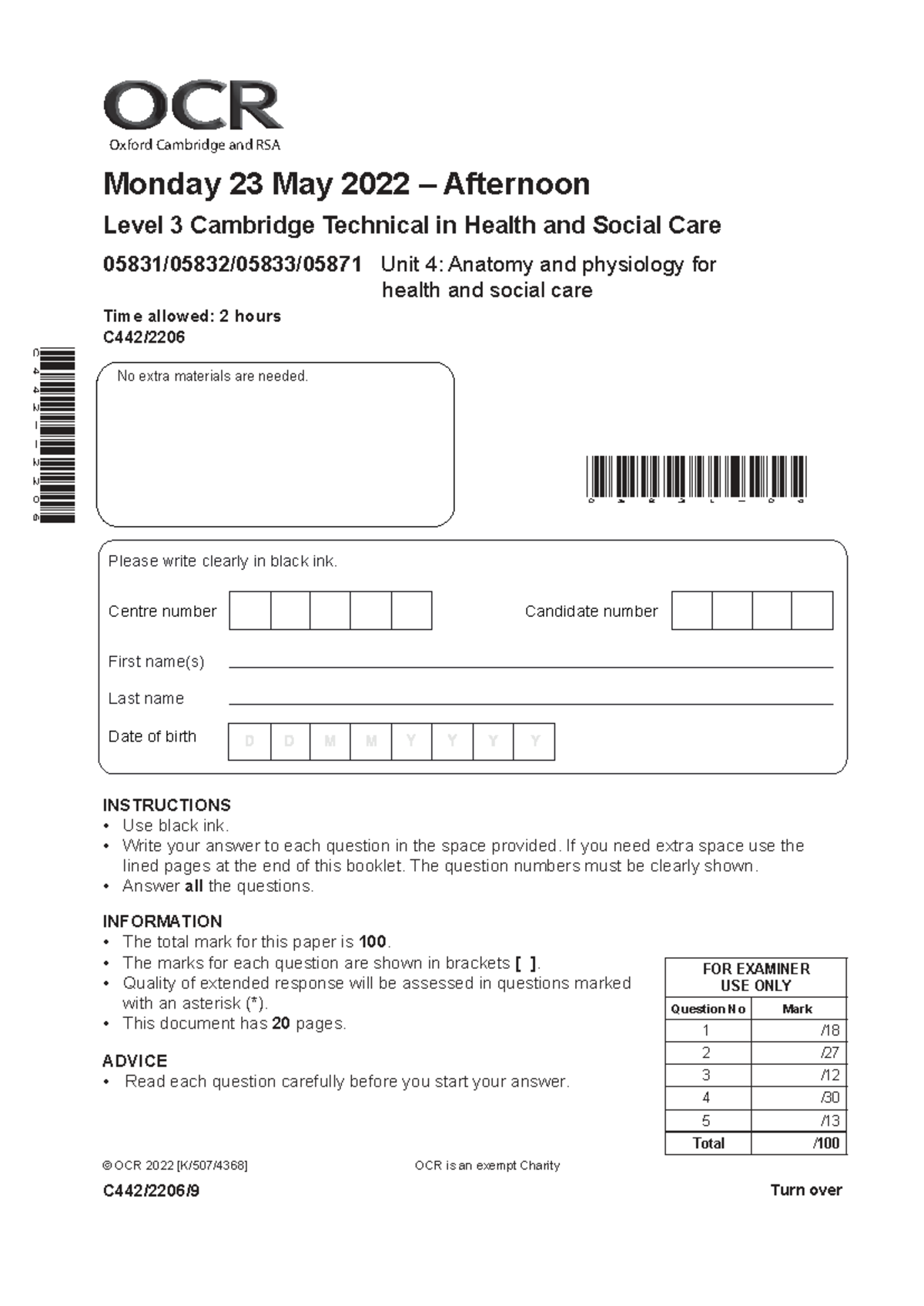 HSC Unit 4 exam paper answers: Anatomy and physiology for health care ...