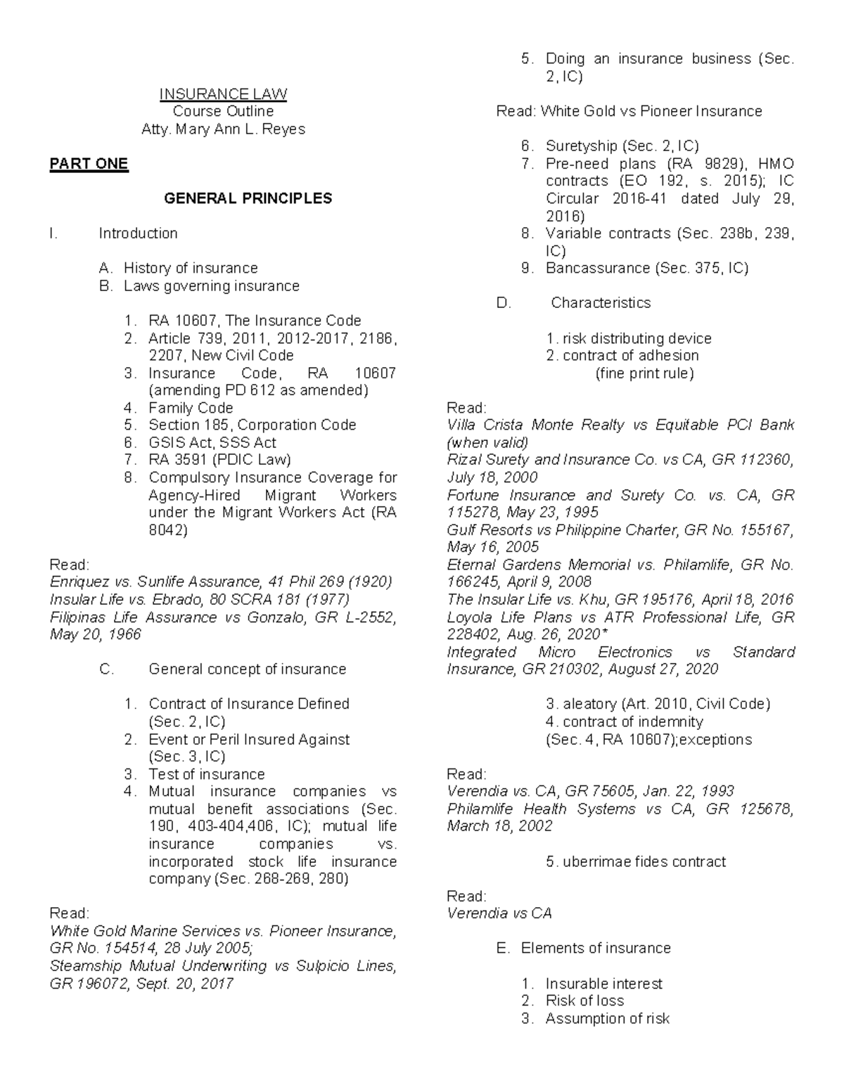 Insurance Law Outline (IC) - General Principles & Case Summaries - Studocu