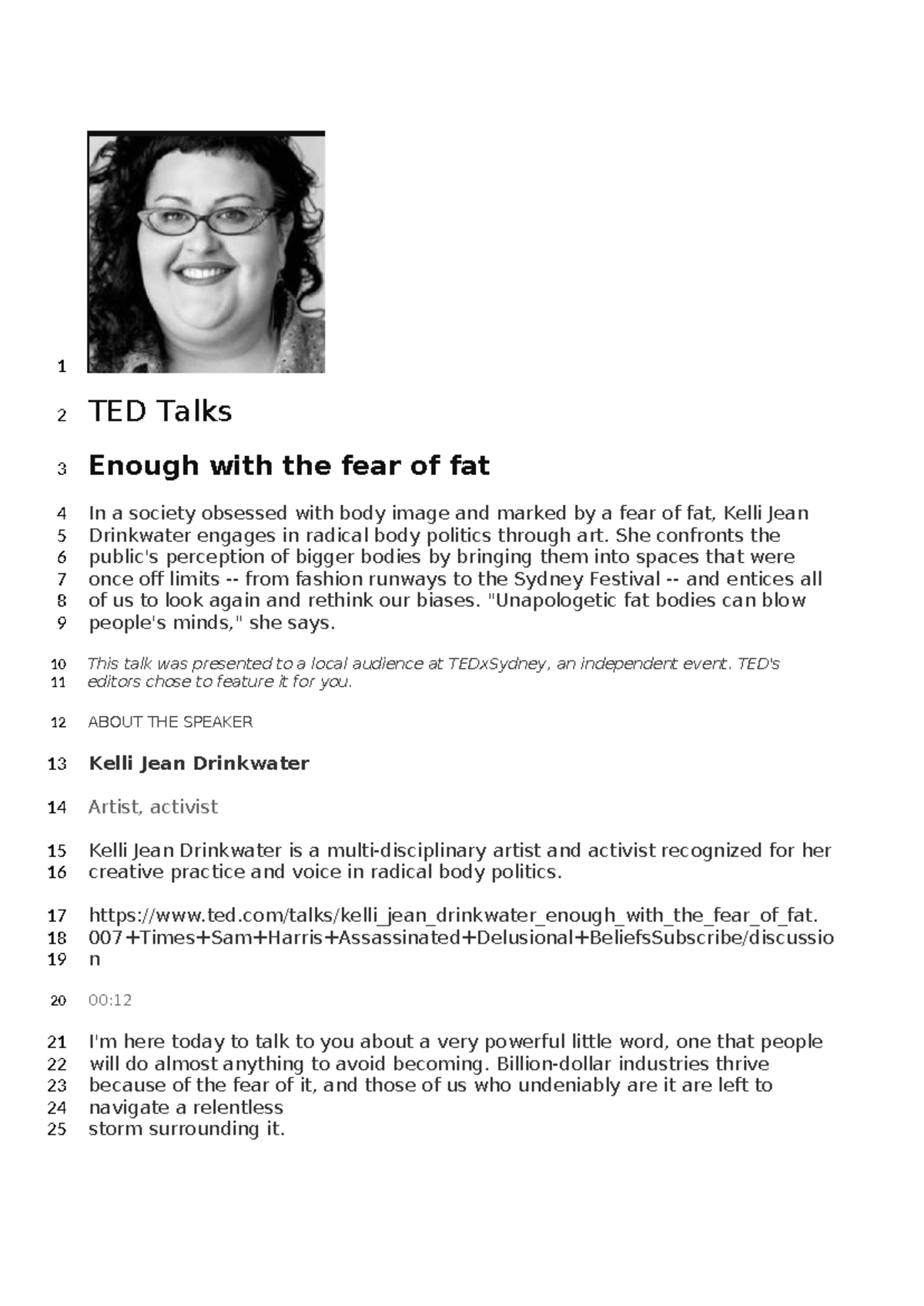 TED Talk: Embracing Fat and Challenging Body Image Bias - Studocu