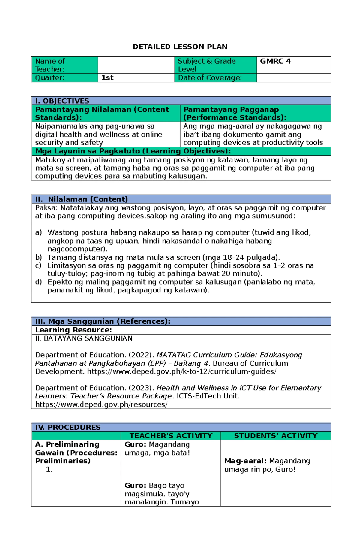 T1-GMRC4-Q1 - Detailed Lesson Plan on Self-Value for GMRC 4 - Studocu
