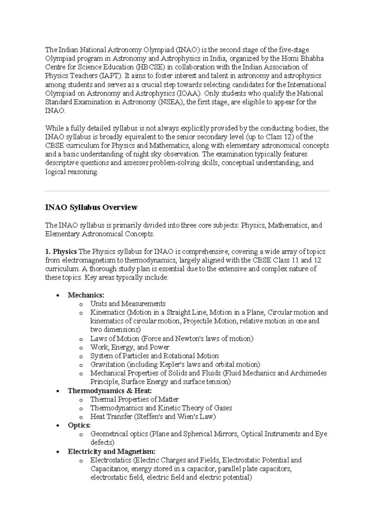 INAO1 - Overview of the Indian National Astronomy Olympiad Syllabus ...