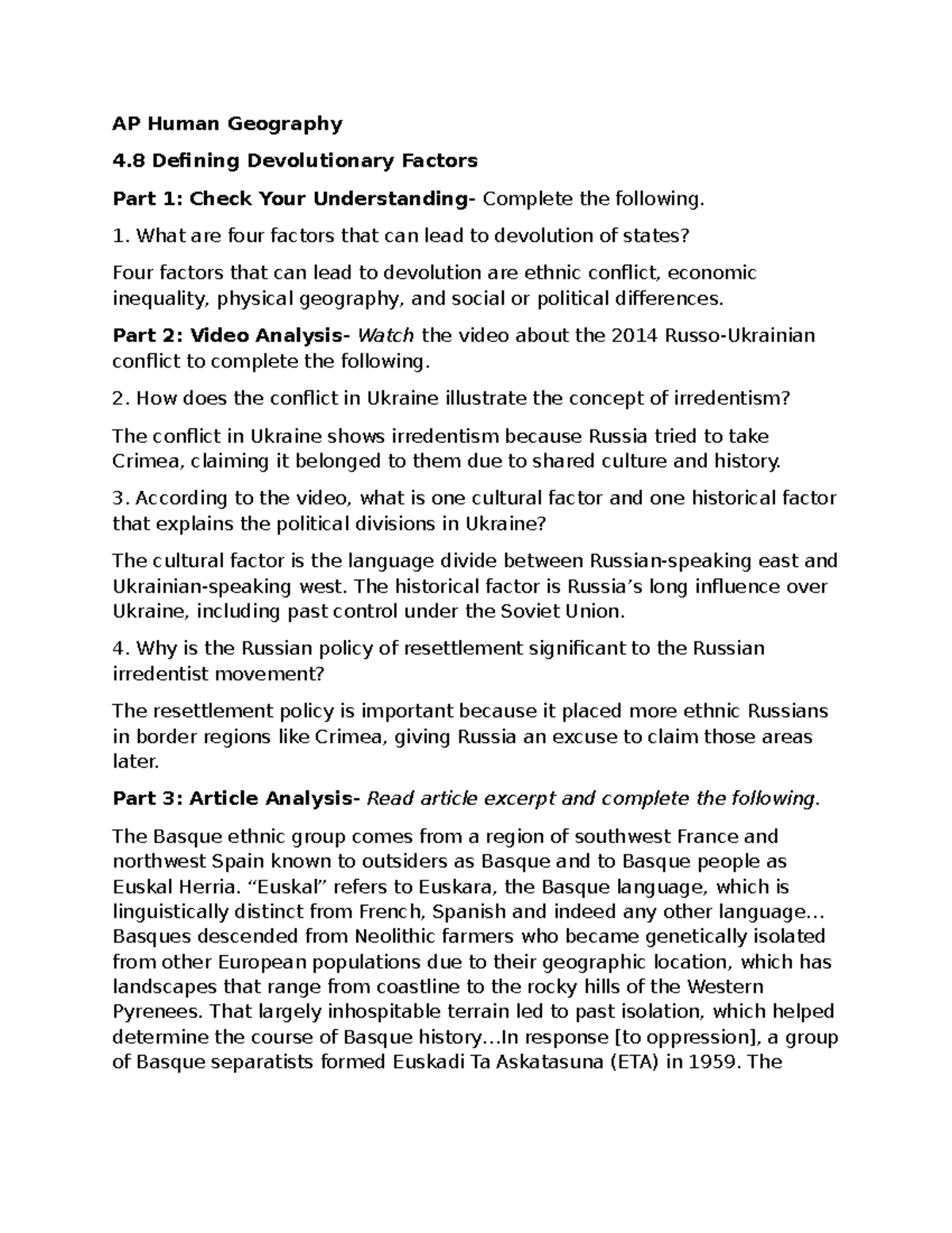 AP Human Geography 4.8: Understanding Devolutionary Factors - Studocu