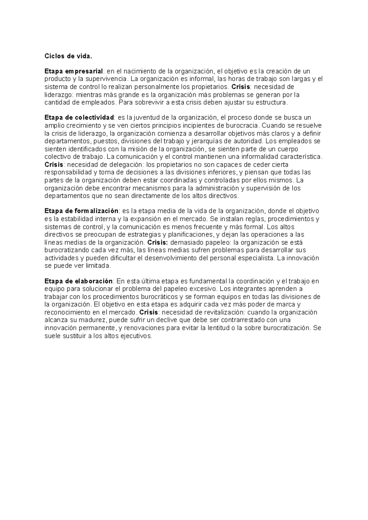 Ciclos de Vida Empresarial: Etapas y Crisis en la Organización - Studocu