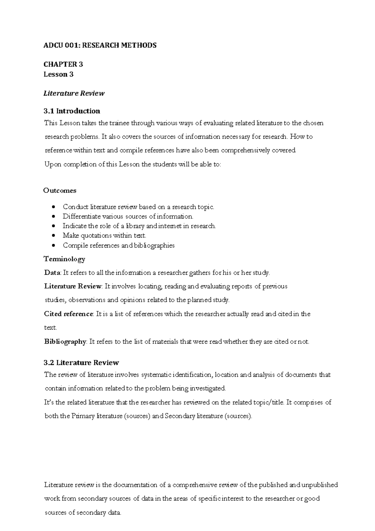 ADCU 001: RESEARCH METHODS CHAPTER 3 - Literature Review Overview - Studocu