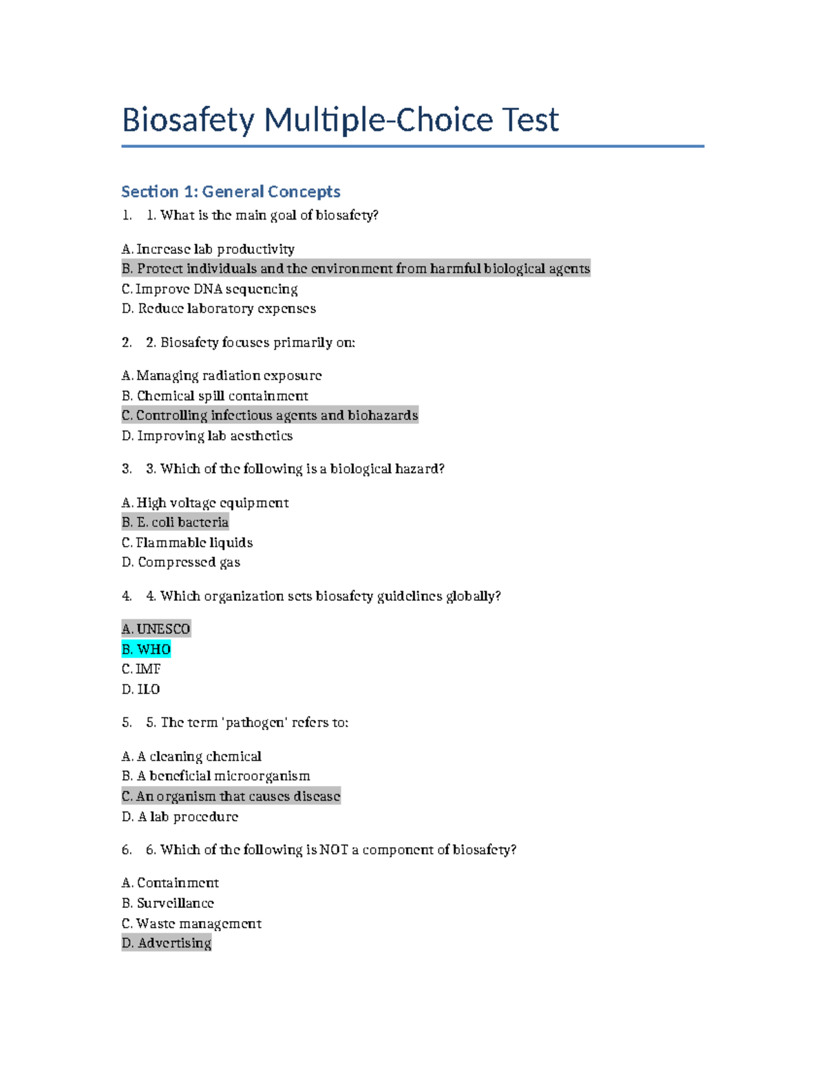 Biosafety Test (BSF101): Key Concepts and Questions - Studocu