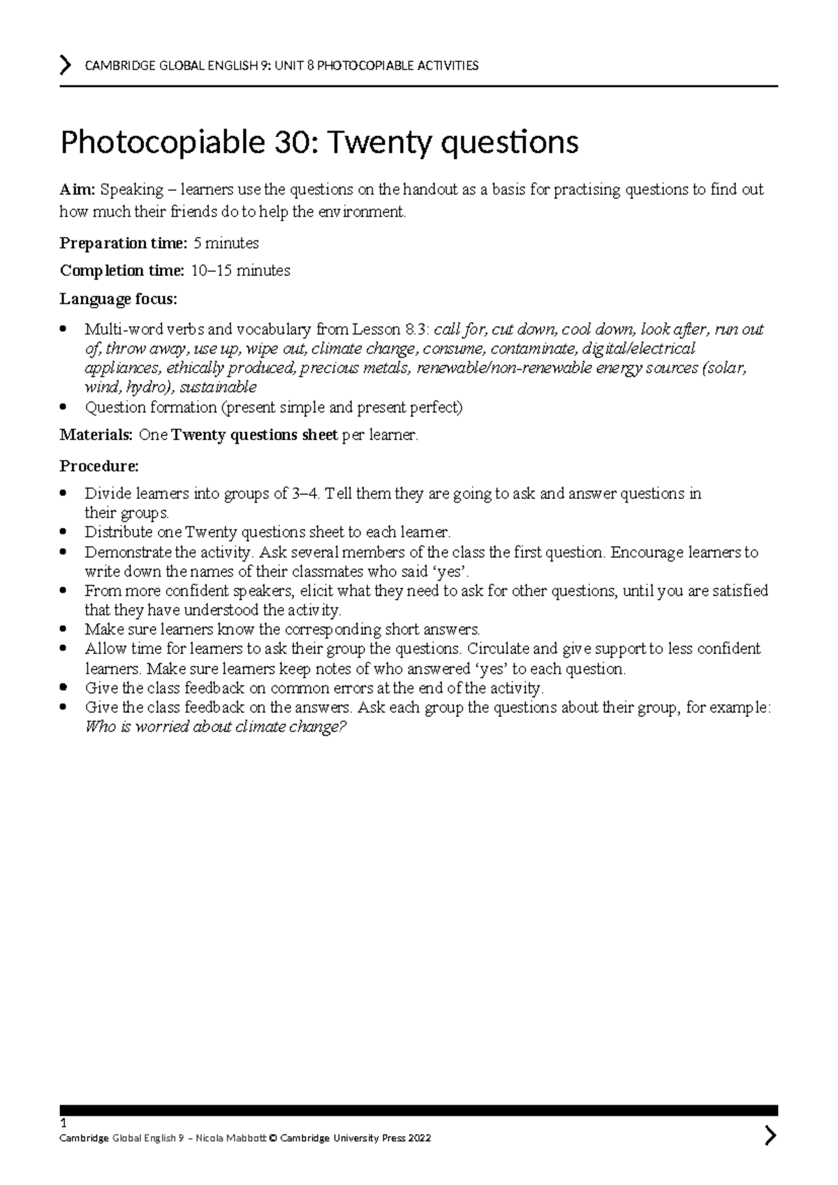 GE 9: Unit 8 Photocopiable Activities - Twenty Questions Activity - Studocu