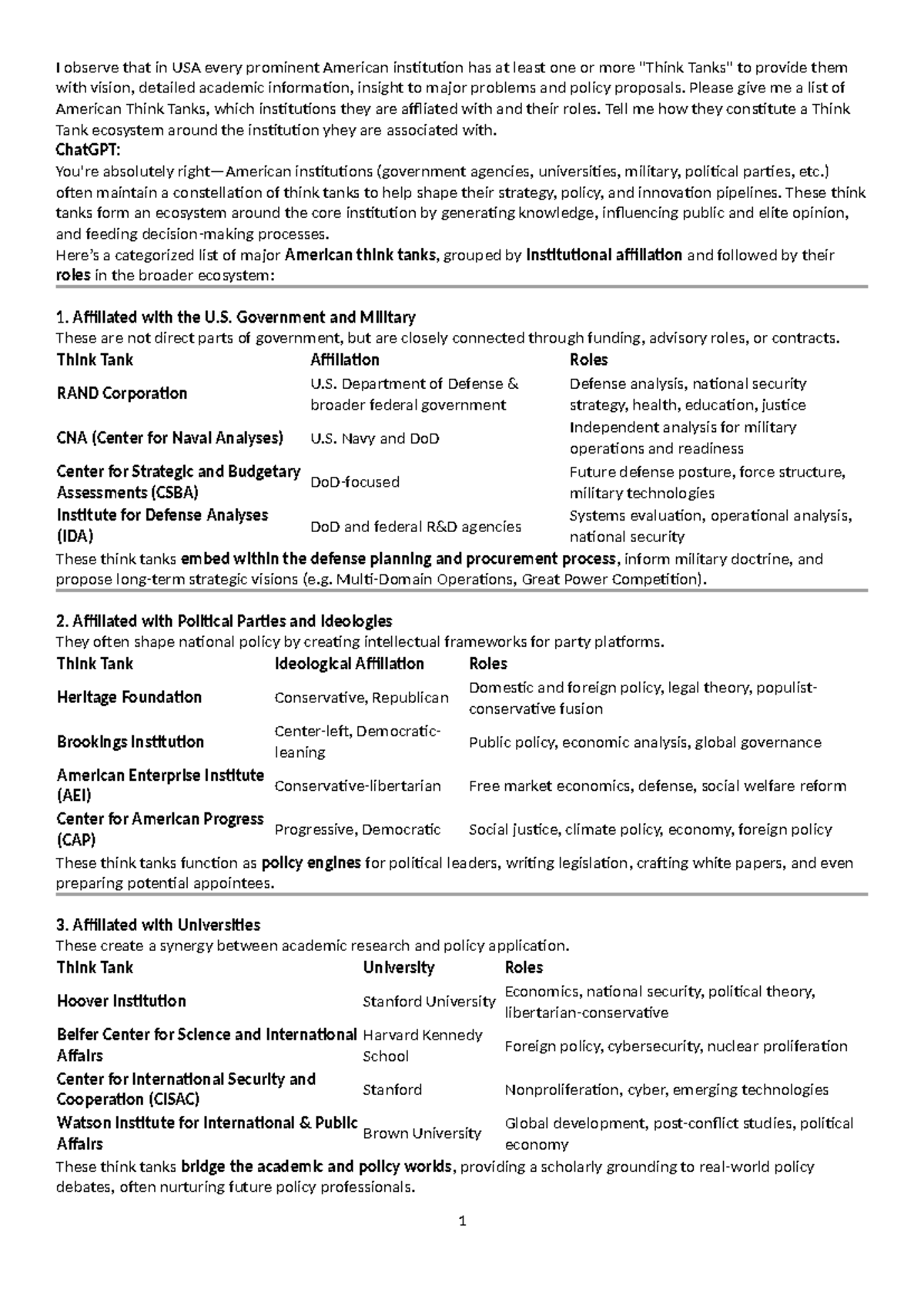 Think Tanks in the U.S.: Roles, Affiliations, and Ecosystem Analysis ...