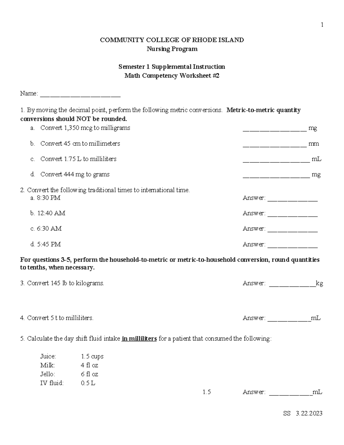 AA-REV-Sem1 Nursing Math Competency Worksheet 2023 - Studocu