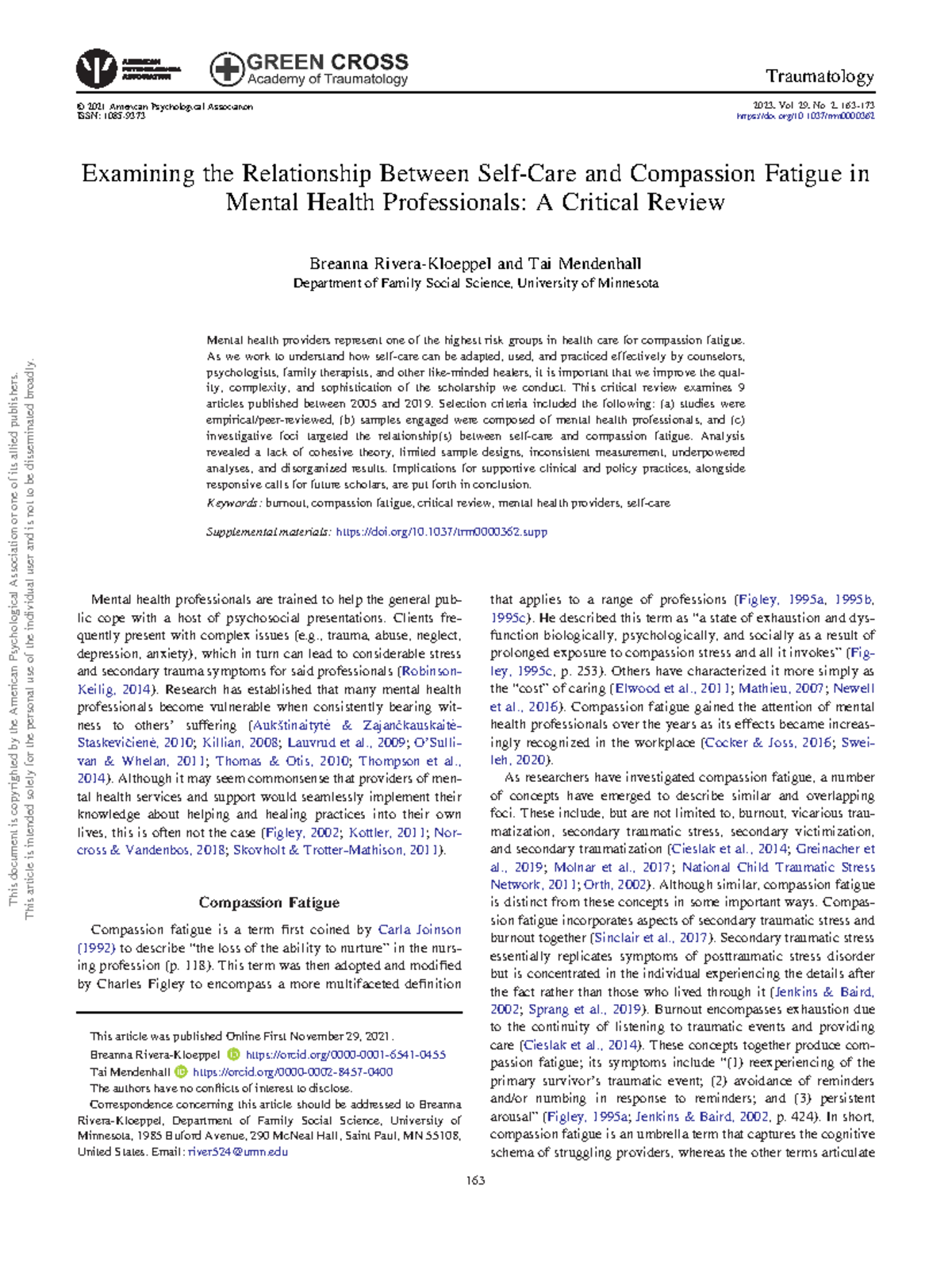 A Critical Review of Self-Care & Compassion Fatigue in Mental Health ...