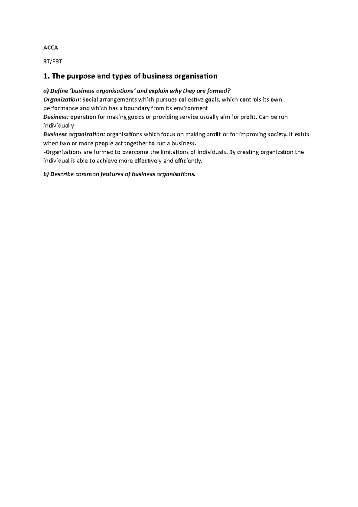 ACCA BT/FBT Notes: Understanding Business Organisations and Their ...