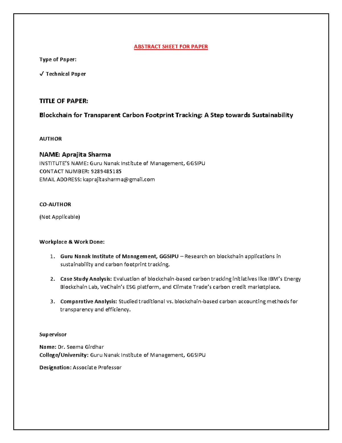 Abstract sheet for paper: Blockchain for transparent carbon tracking ...