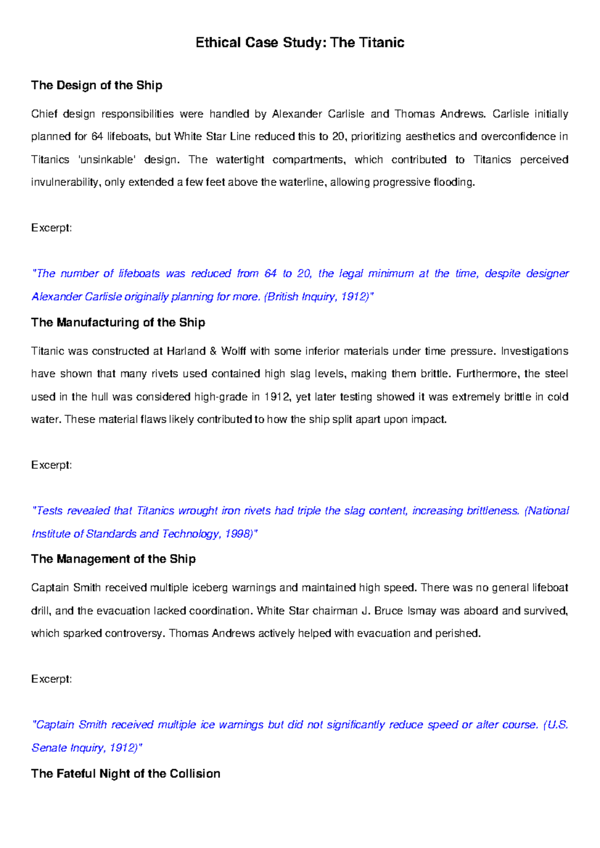 Titanic ethics case study: design flaws and management failures - Studocu