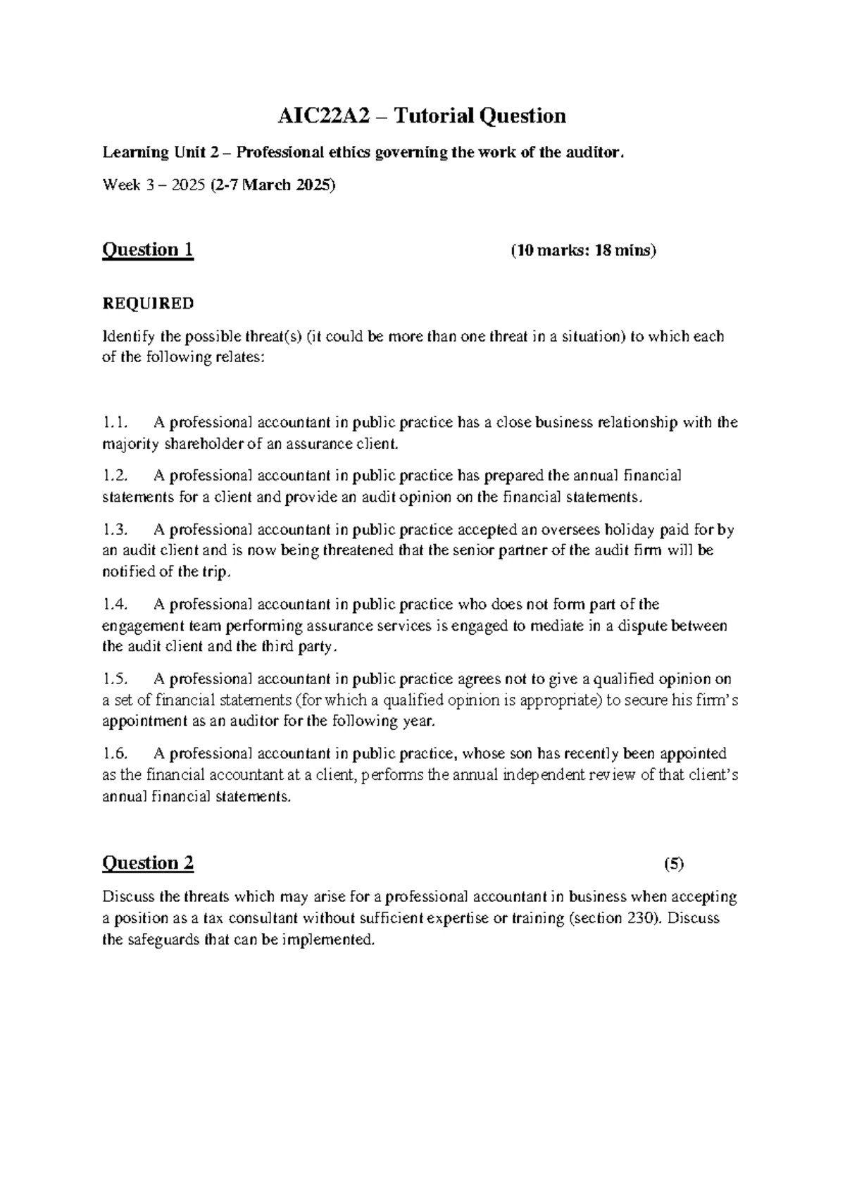 AIC22A2 Tutorial Memo - Week 1: Internal Structure & Auditing - Studocu