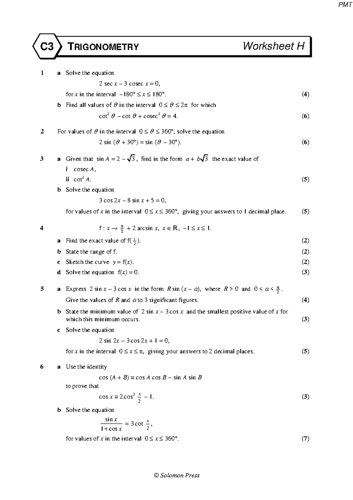 C3 Trigonometry H - Practice Questions and Solutions - Studocu