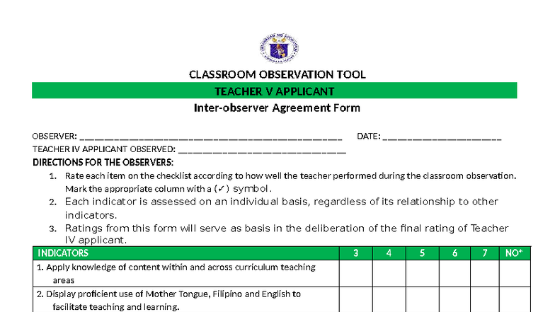 COT ECP Rating Sheet for Teacher V Observation Form - Studocu