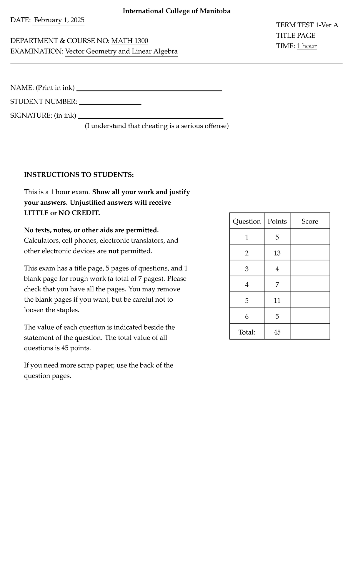 Term Test 1 (MATH 1300) - Vector Geometry & Linear Algebra - Winter ...