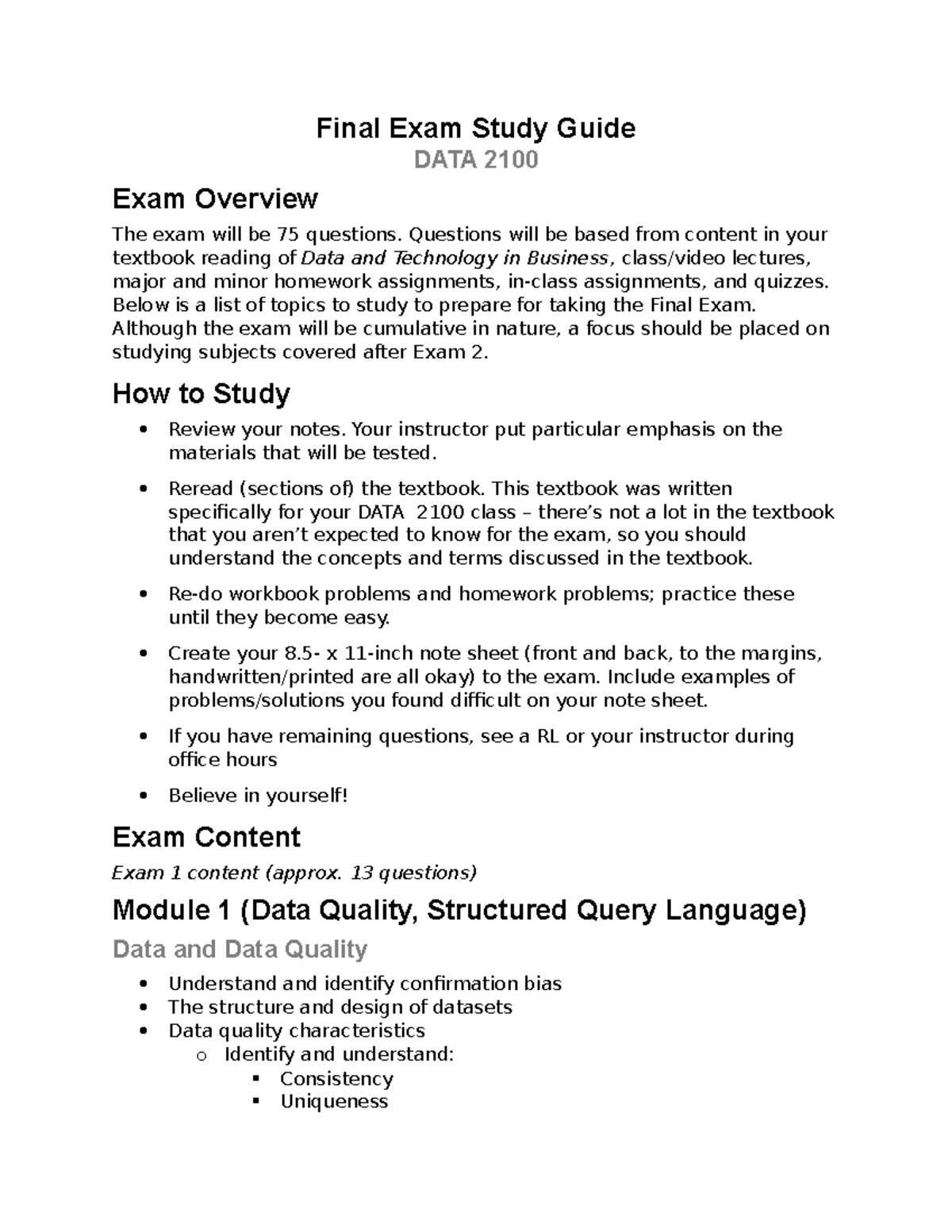 DATA 2100 Final Exam Study Guide: Key Topics & Study Tips - Studocu