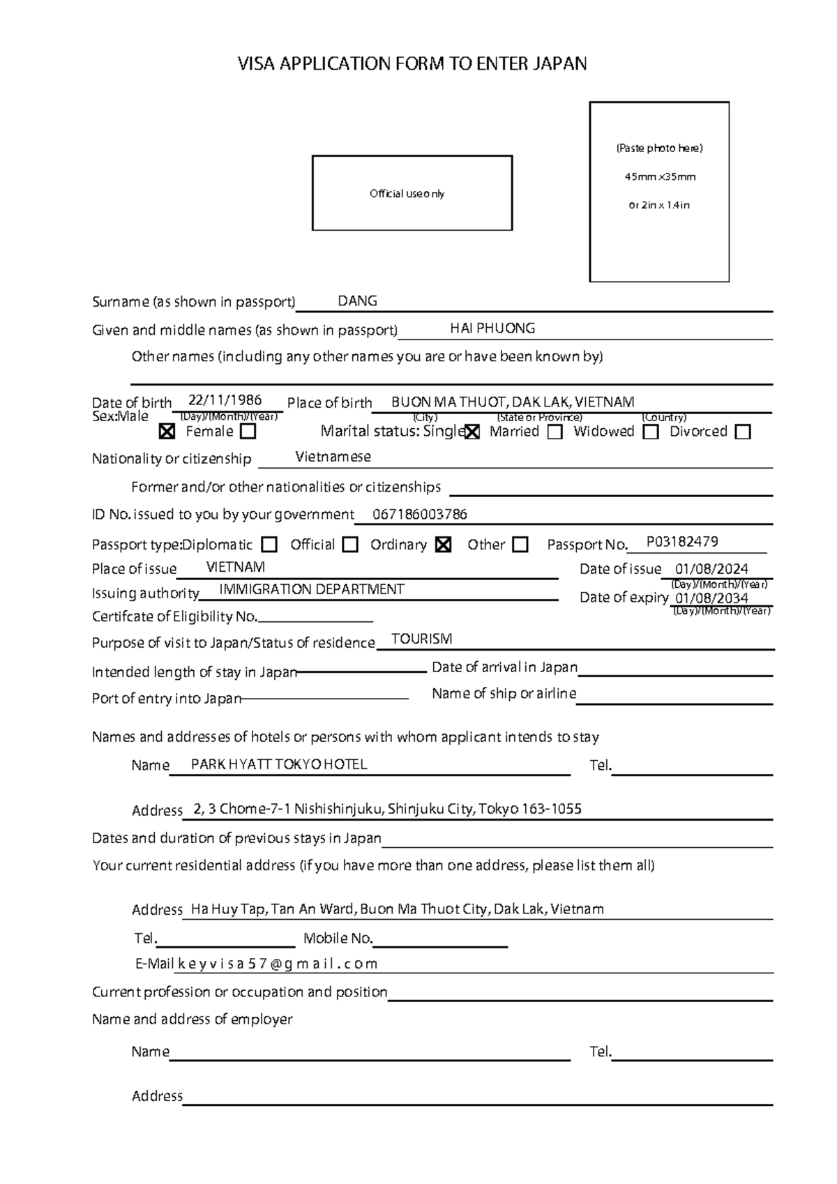 VISA APPLICATION FORM FOR JAPAN - TOURISM (Form Nhật) - Studocu