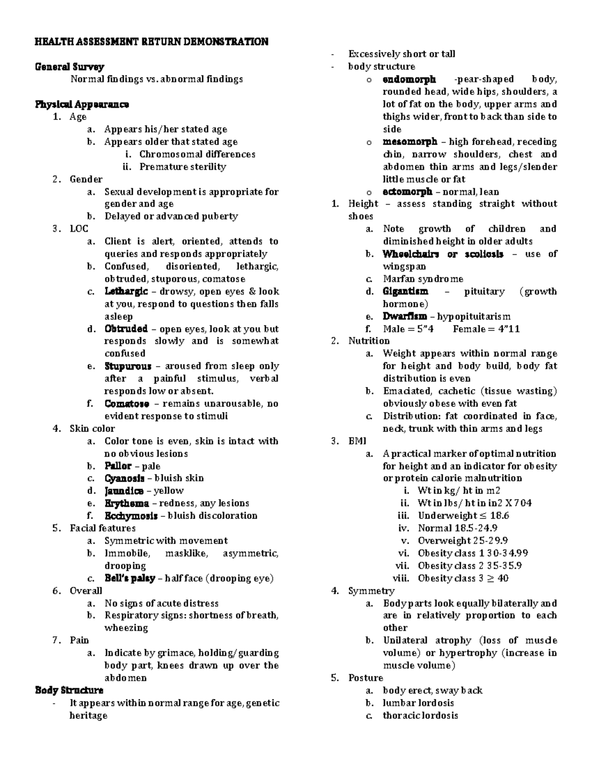 Health Assessment Lecture Notes - Return Demonstration Normal and ...