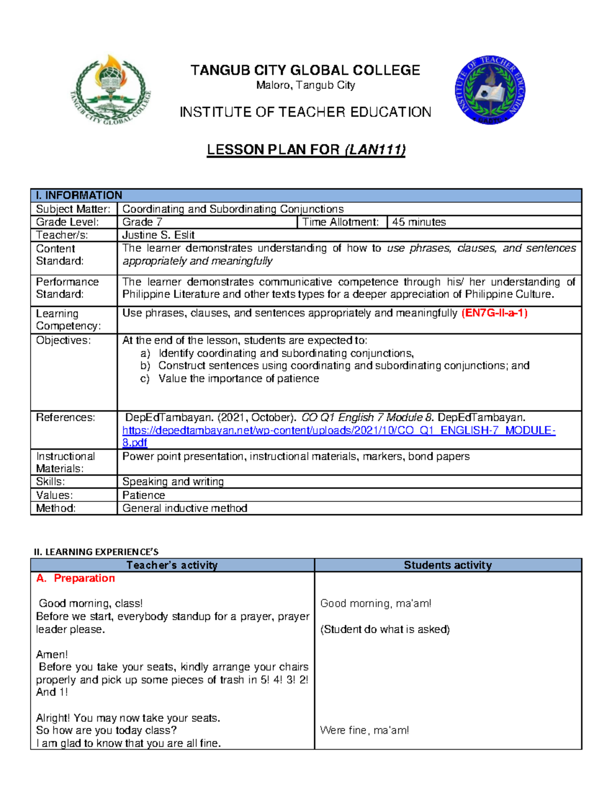 Eslit LP: Lesson Plan on Conjunctions for Grade 7 - Studocu