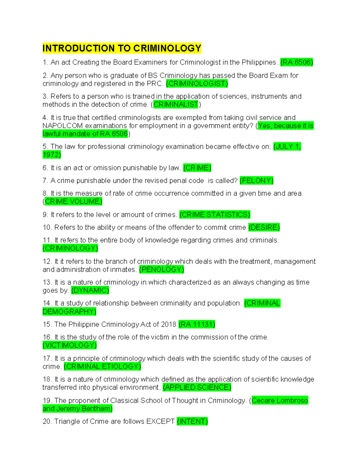 CRIM1 Final Exam Reviewer: Key Concepts in Criminology and Law - Studocu