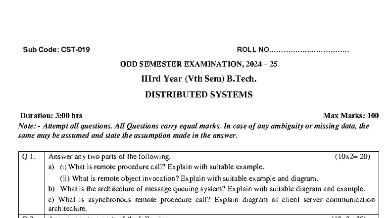 Sub Code: ROLL ODD SEMESTER EXAM 2024-25 (Vth Sem) B.Tech. Distributed ...