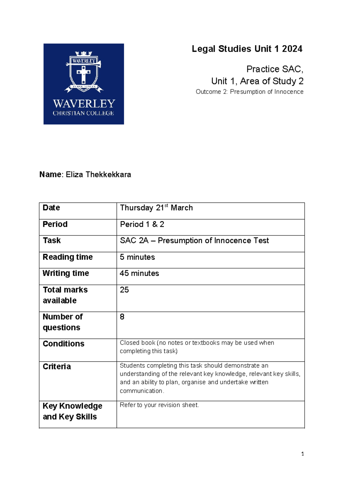 Legal Studies Unit 1 Practice SAC: Presumption of Innocence Test - Studocu