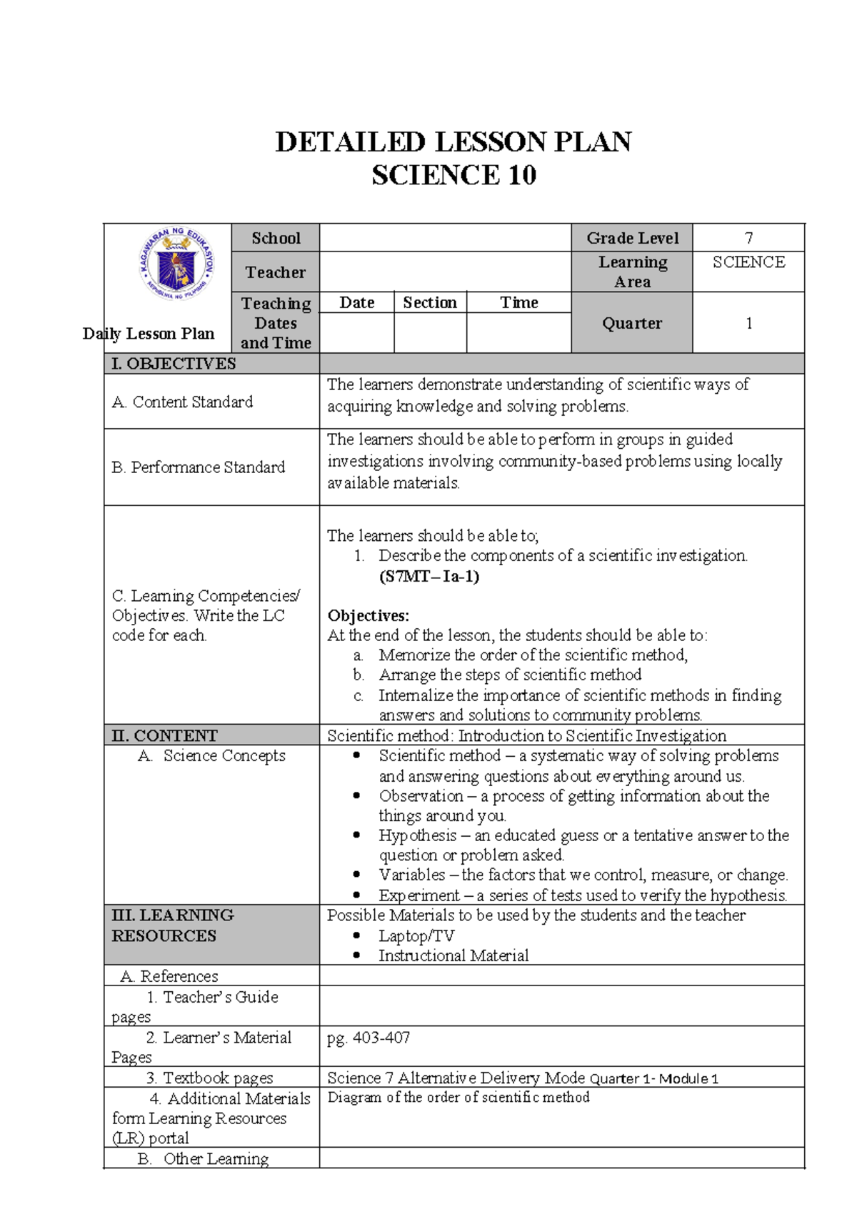 G7 Science Detailed Lesson Plan: Understanding the Scientific Method ...