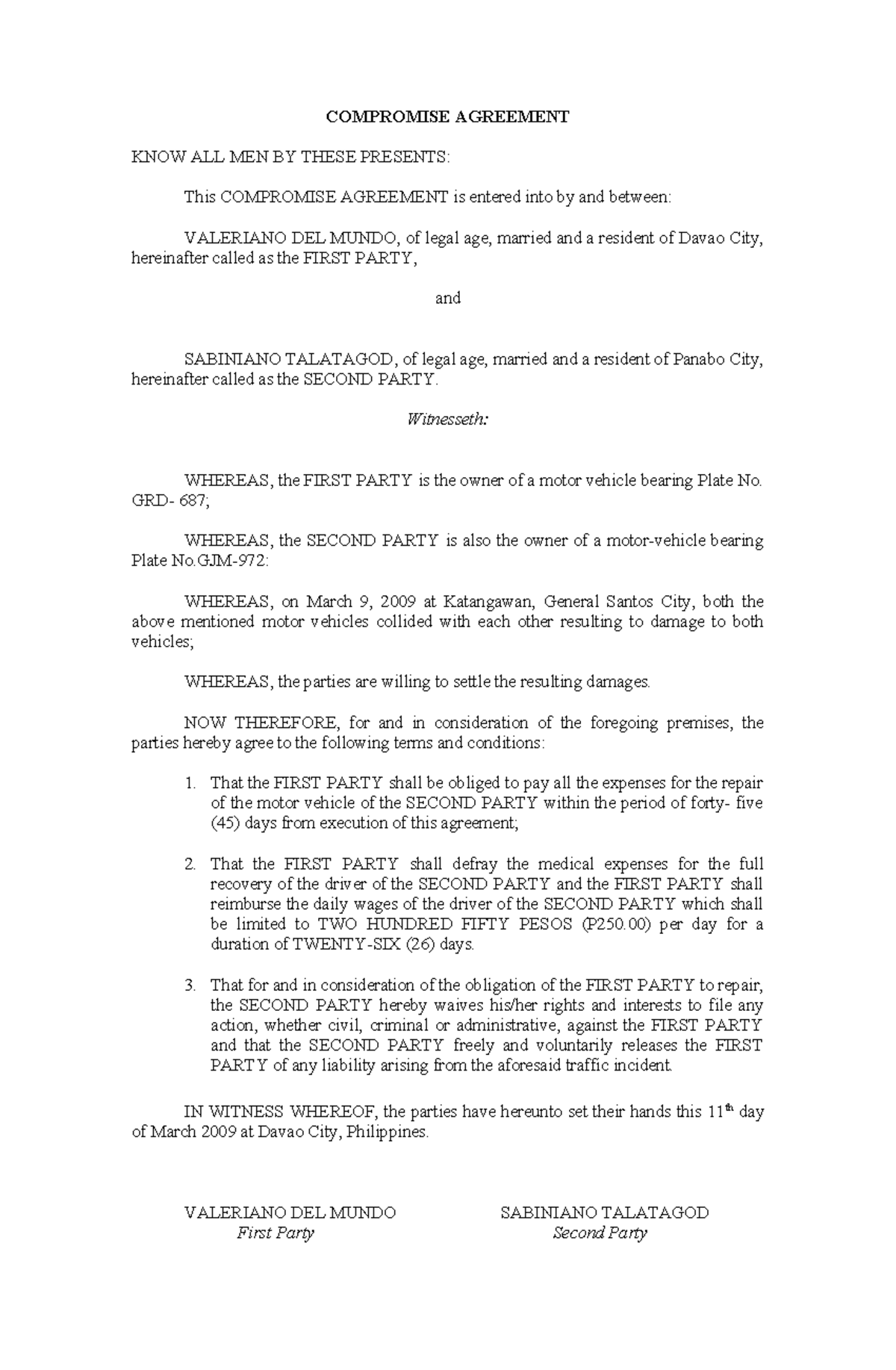 Compromise Agreement - COMPROMISE AGREEMENT KNOW ALL MEN BY THESE ...