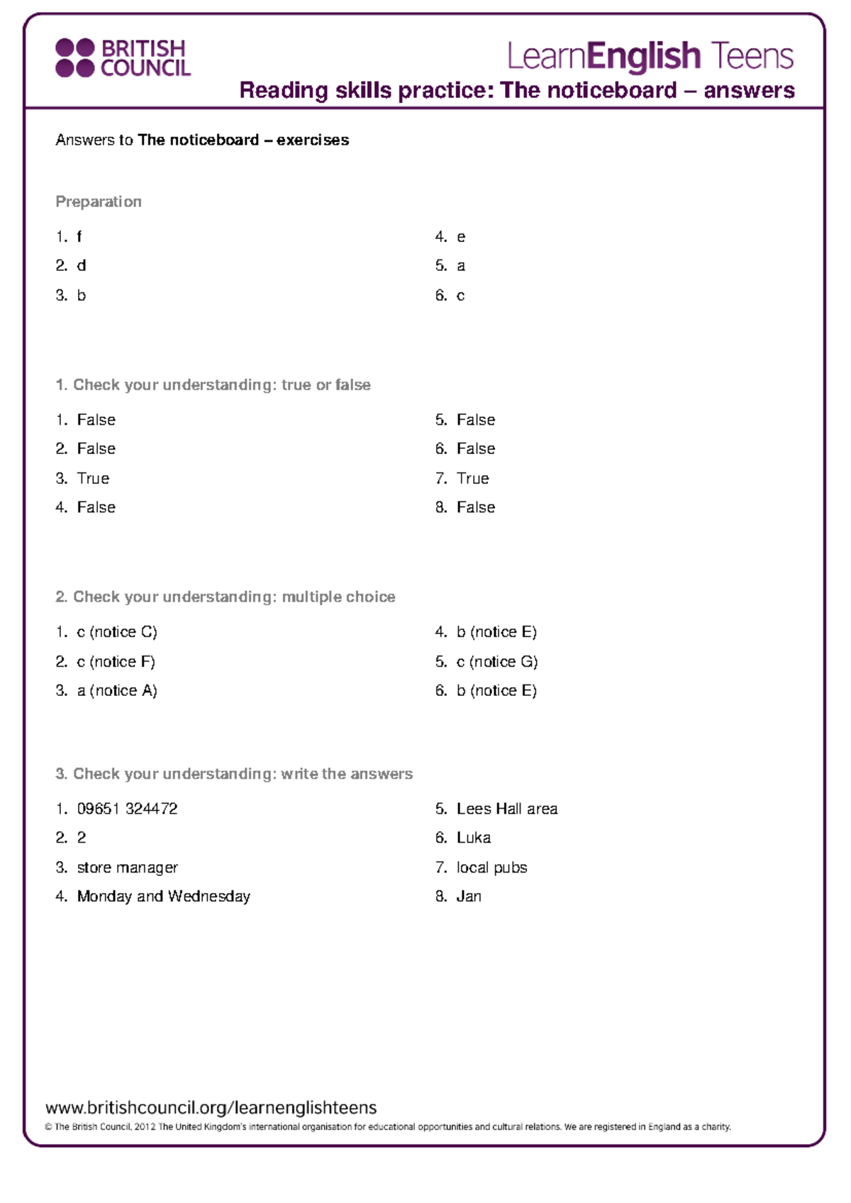Reading Skills Practice: The Noticeboard Answers (Prep) - Studocu