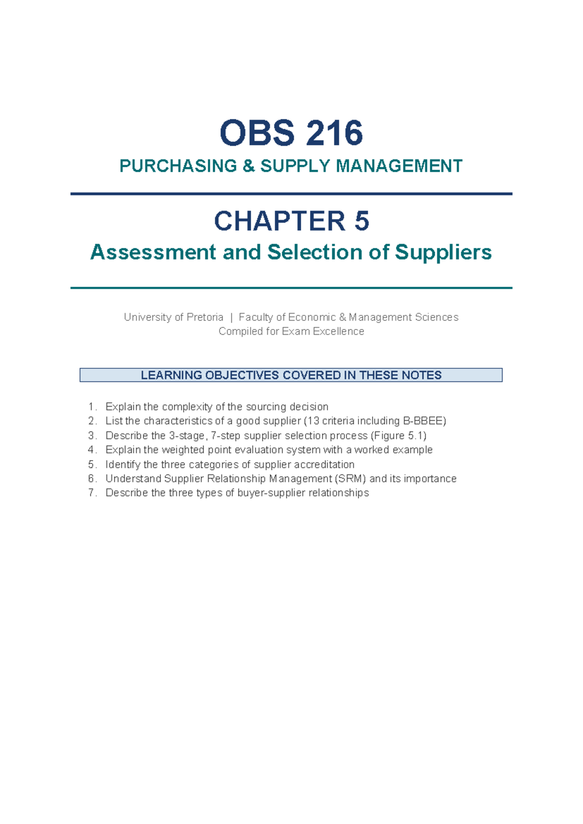 OBS 216 PURCHASING SUPPLY MANAGEMENT CHAPTER 5 Supplier Assessment ...