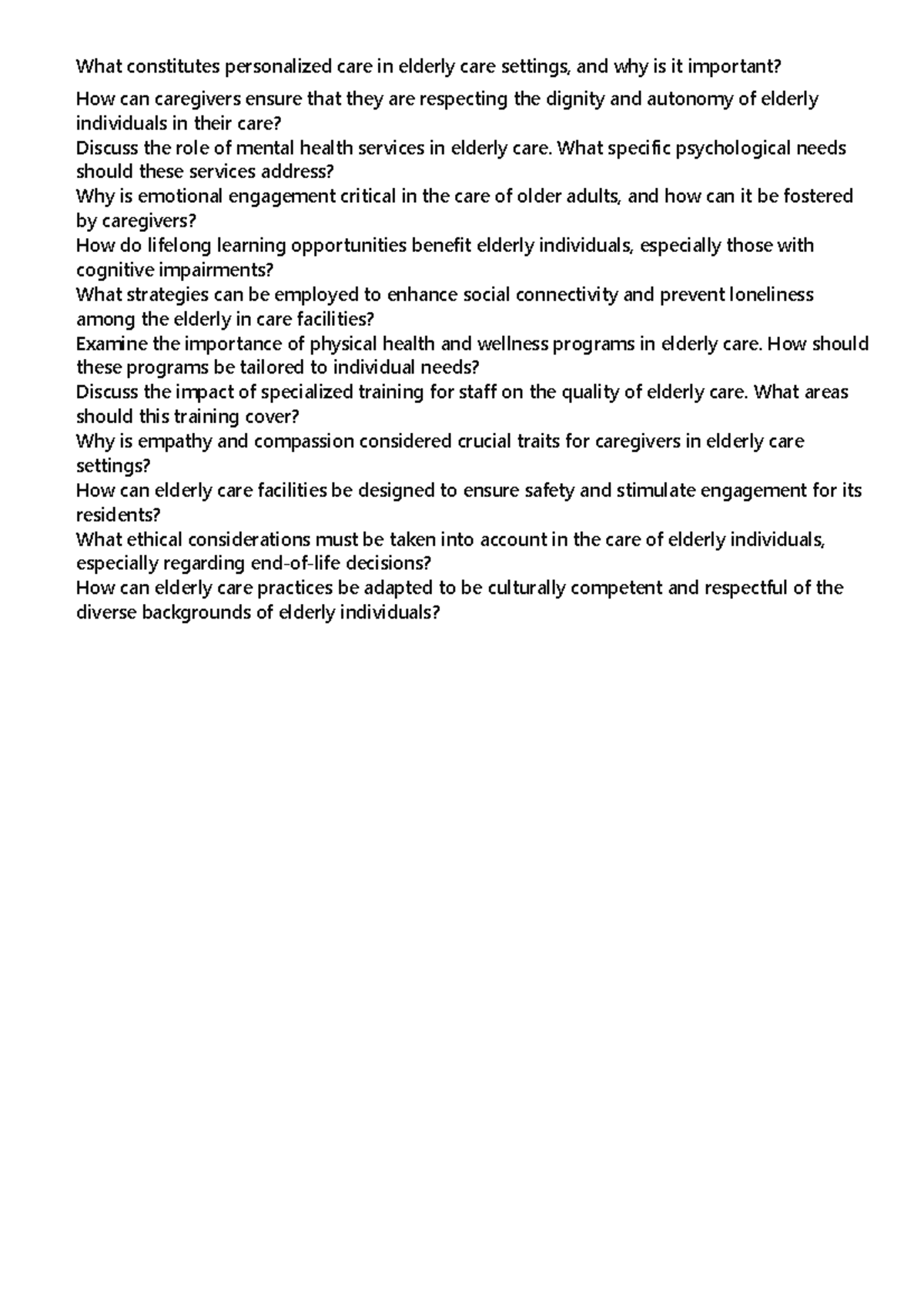 Elderly Care Excellence: Key Questions for Caregivers' Reflection - Studocu