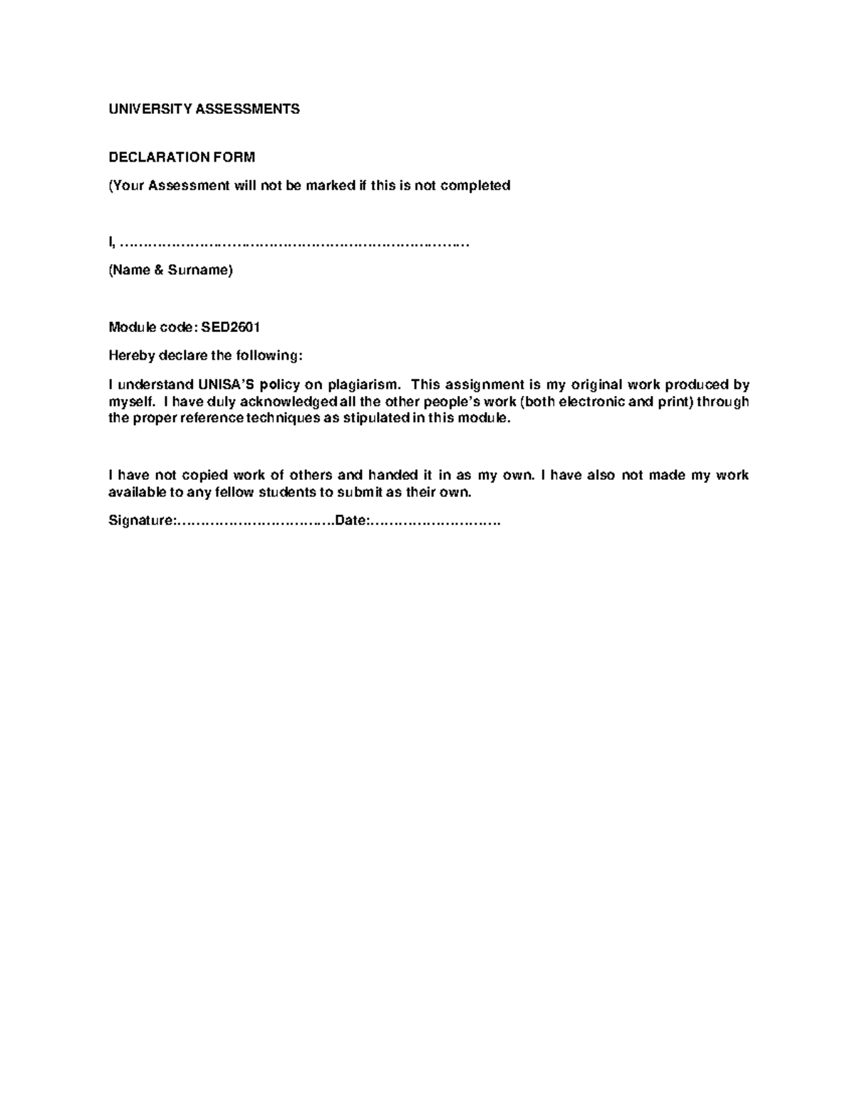Declaration form - WE WON - UNIVERSITY ASSESSMENTS DECLARATION FORM ...