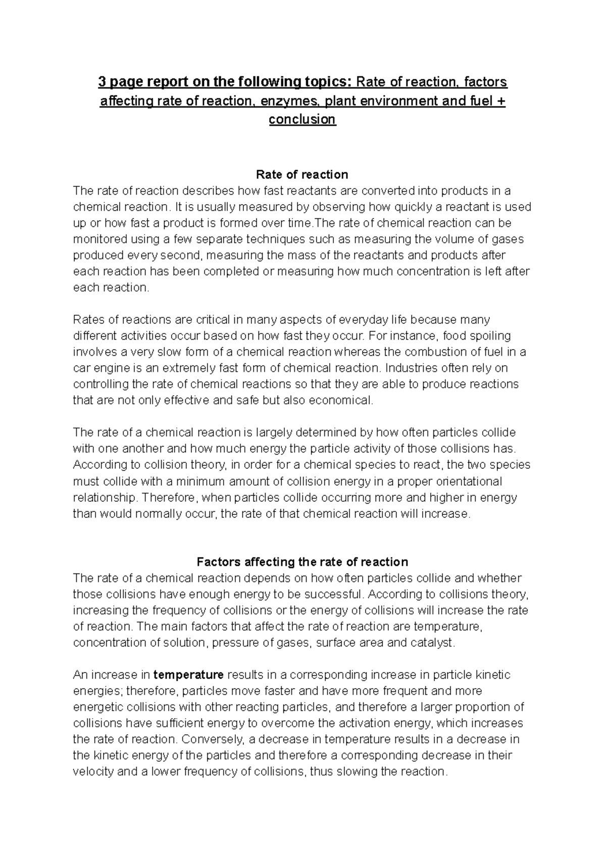 Unit 3 Report: Rate of Reaction, Influencing Factors, and Enzymes - Studocu