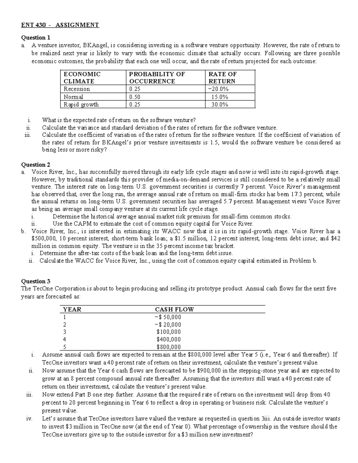 ENT 430 - Assignment: Economic Outcomes & WACC Calculations - Studocu