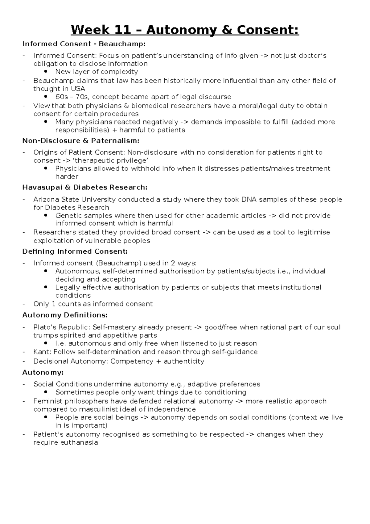 Week 11 - Autonomy and Informed Consent in Bioethics - Studocu