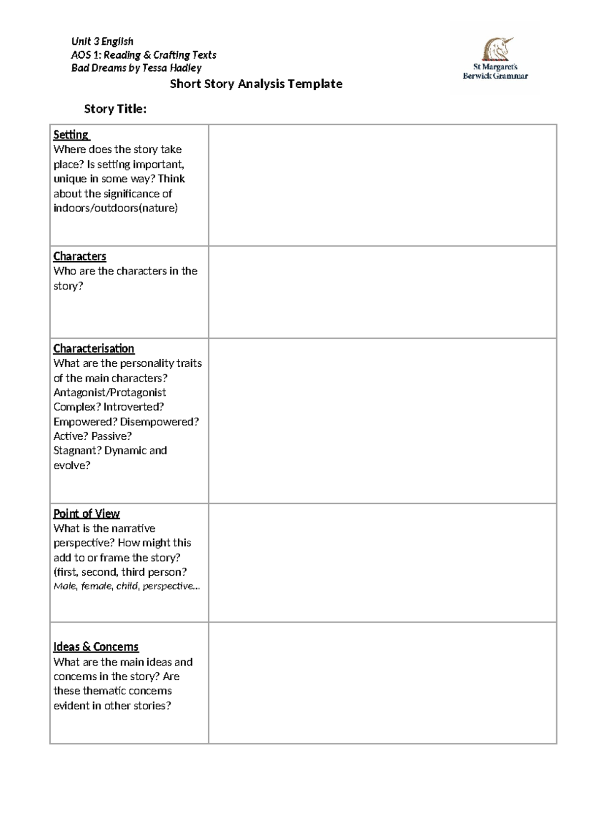 001 Shortstory analysis table - Unit 3 English AOS 1: Reading ...