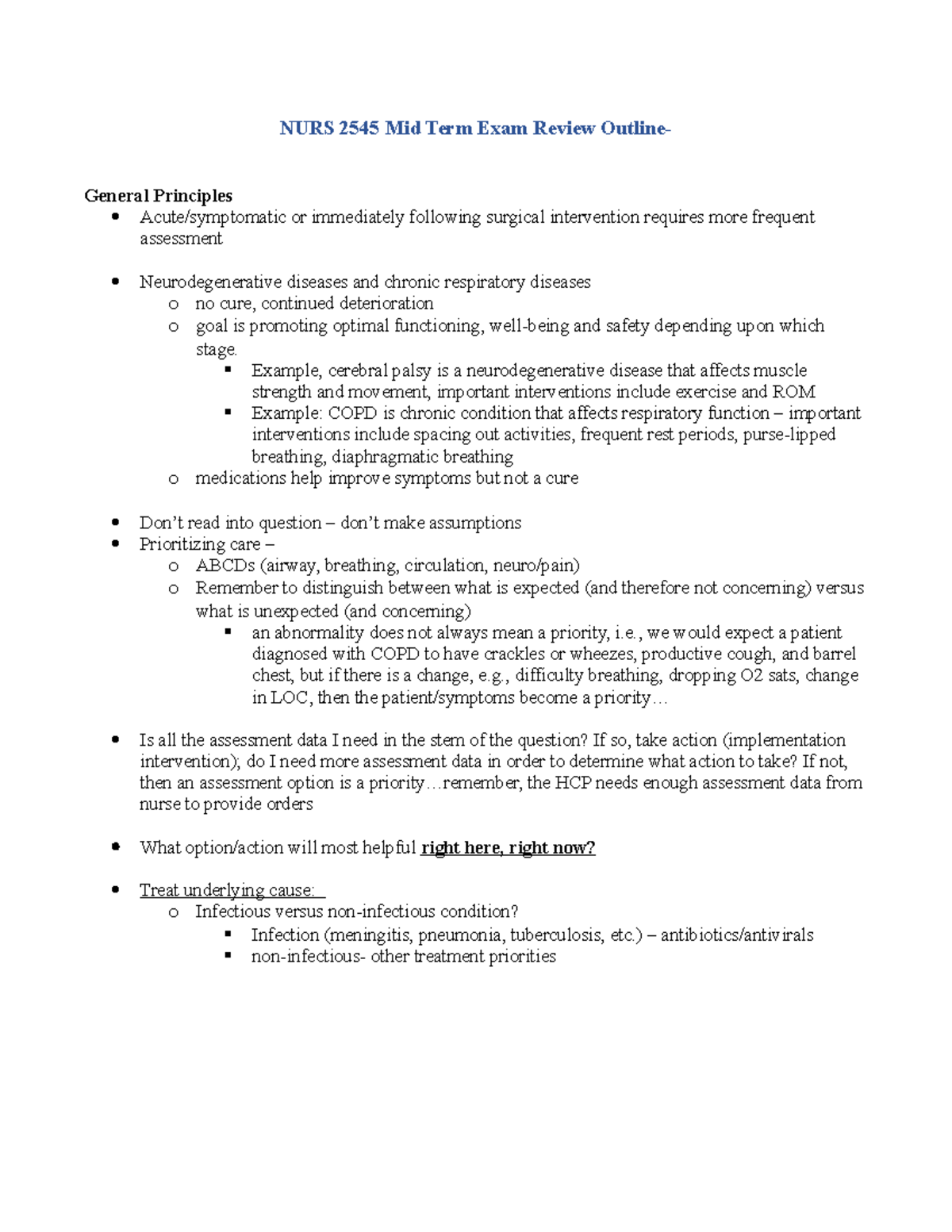 Mid Term Exam outline review notes - NURS 2545 Mid Term Exam Review ...