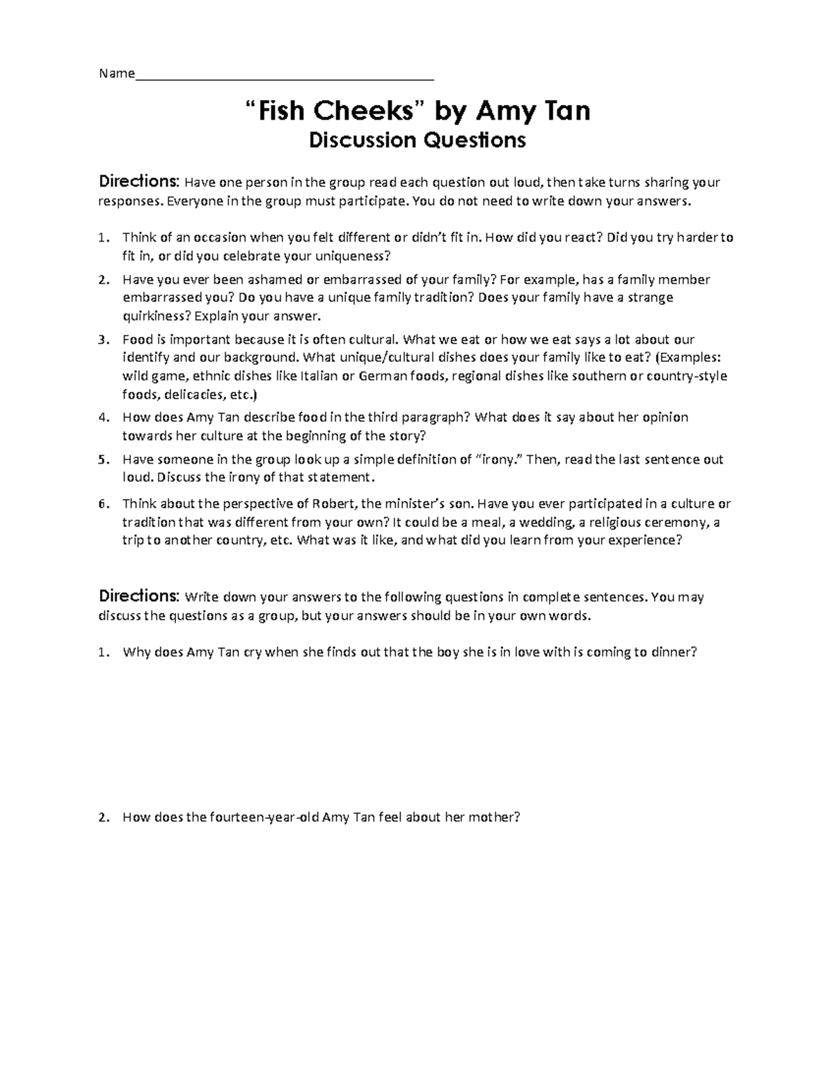 Amy Tan Discussion Questions for Group Reflection - Studocu