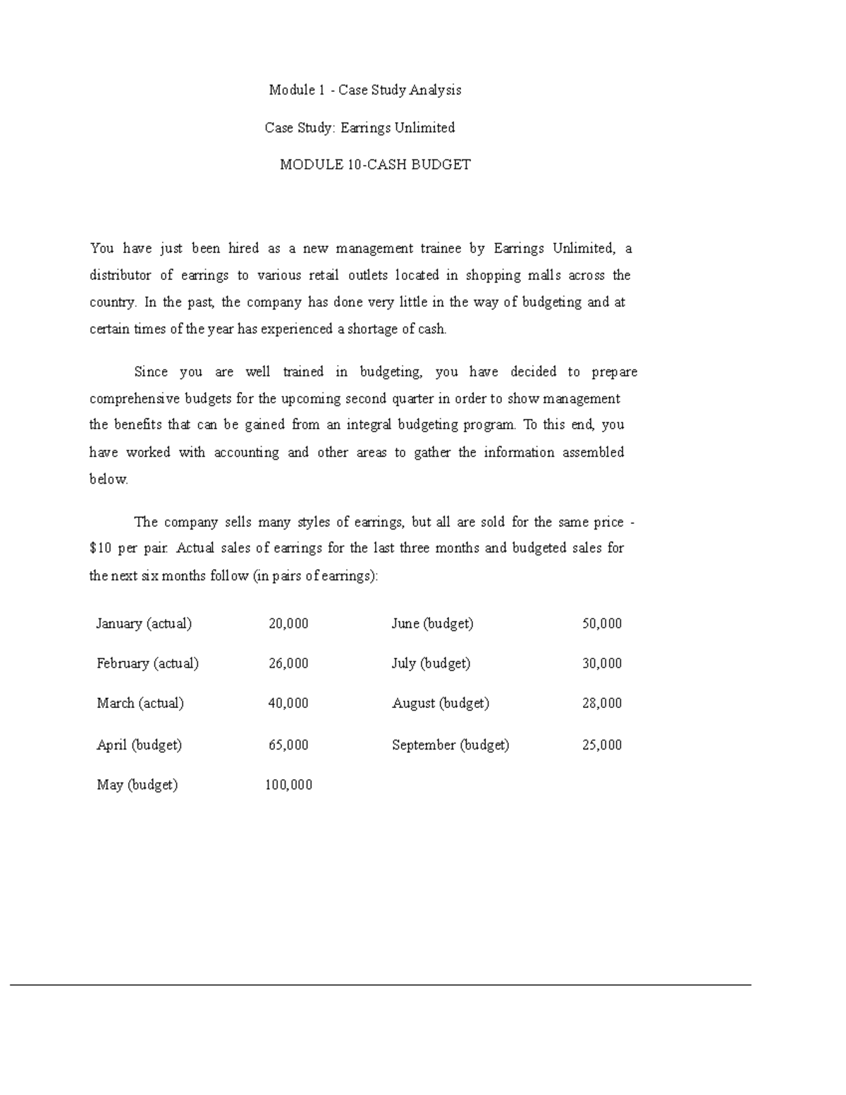 Module 1 Case Study: Budgeting Strategy for Earrings Unlimited - Studocu