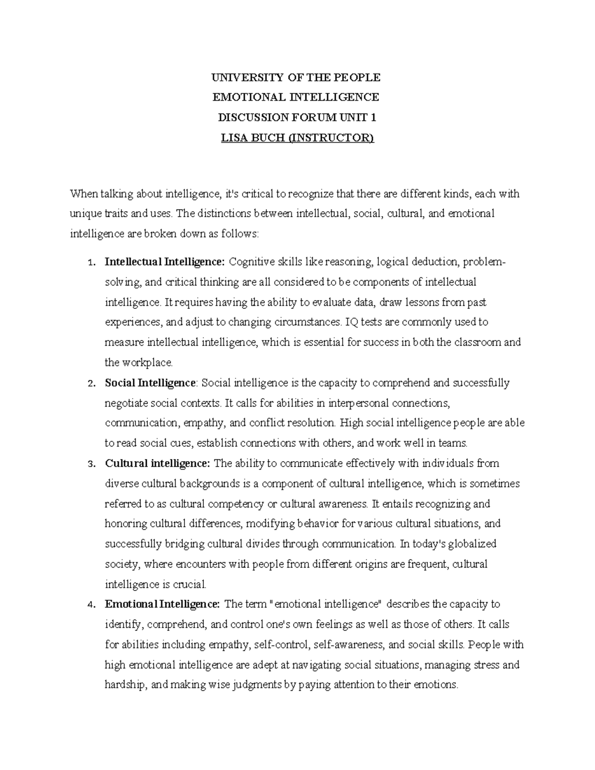 Discussion forum unit 1 - UNIVERSITY OF THE PEOPLE EMOTIONAL ...