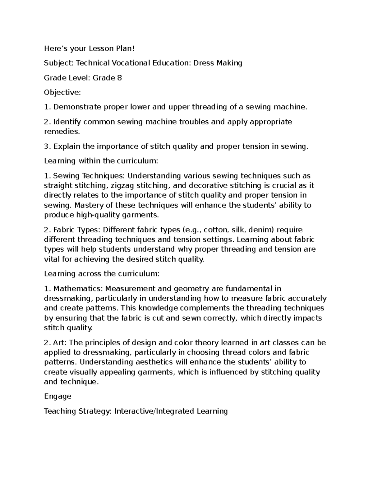 Document - Lecture notes - Here’s your Lesson Plan! Subject: Technical ...