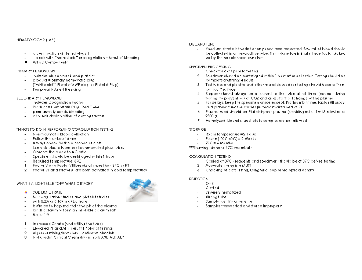 Hematology 2LAB: Coagulation Testing and Specimen Processing Guide ...