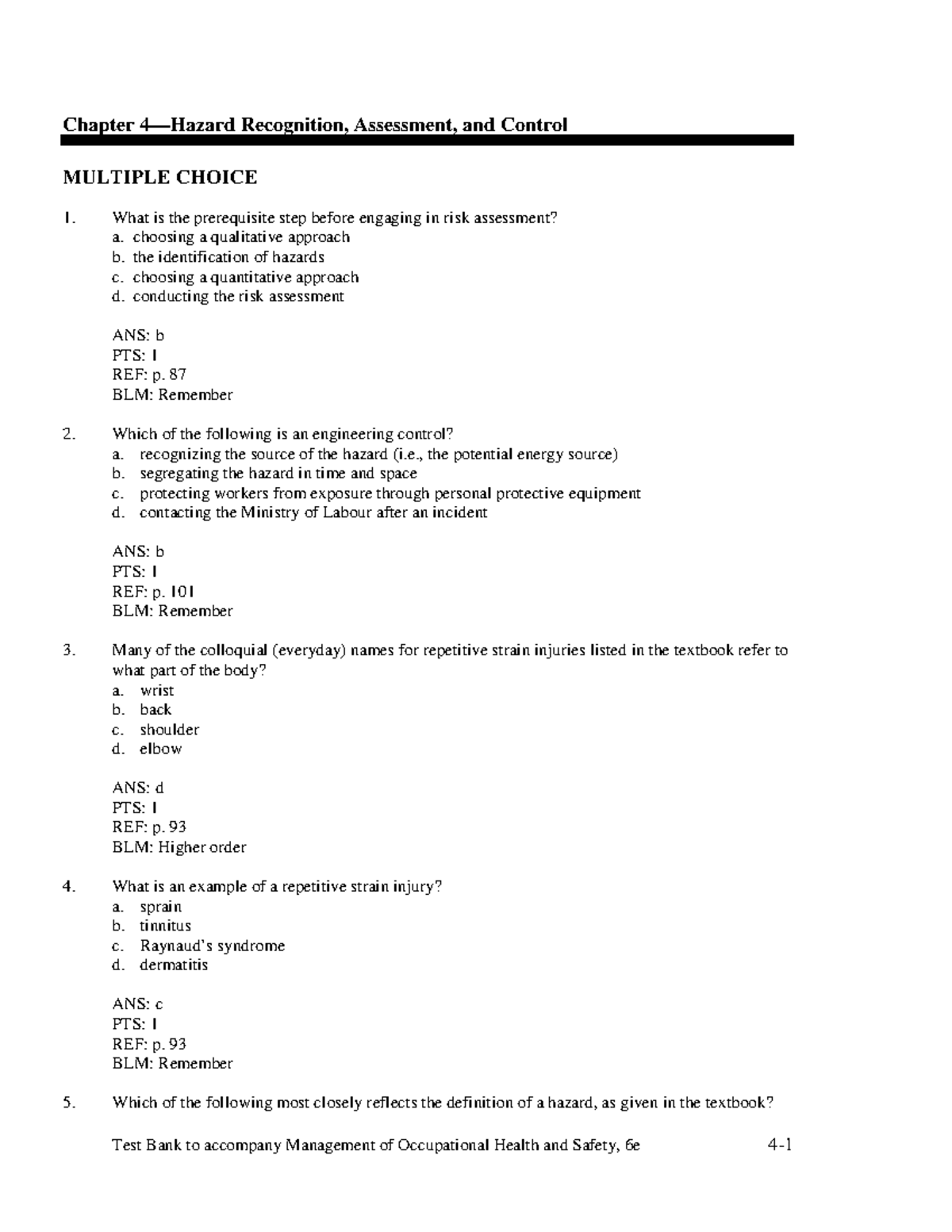 Exam 2018: MCQ & Answers on Hazard Recognition & Control - Studocu