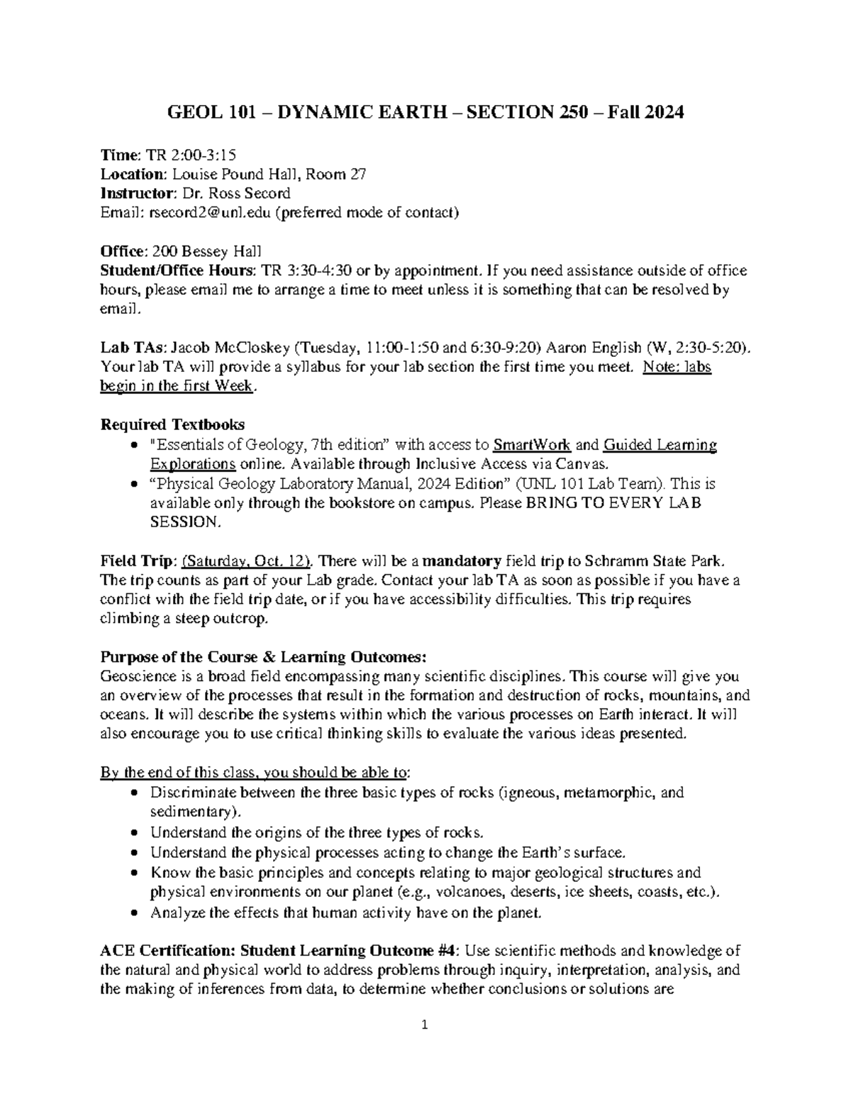 Syllabus GEOL 101-250 Fall 2024 - GEOL 101 – DYNAMIC EARTH – SECTION ...