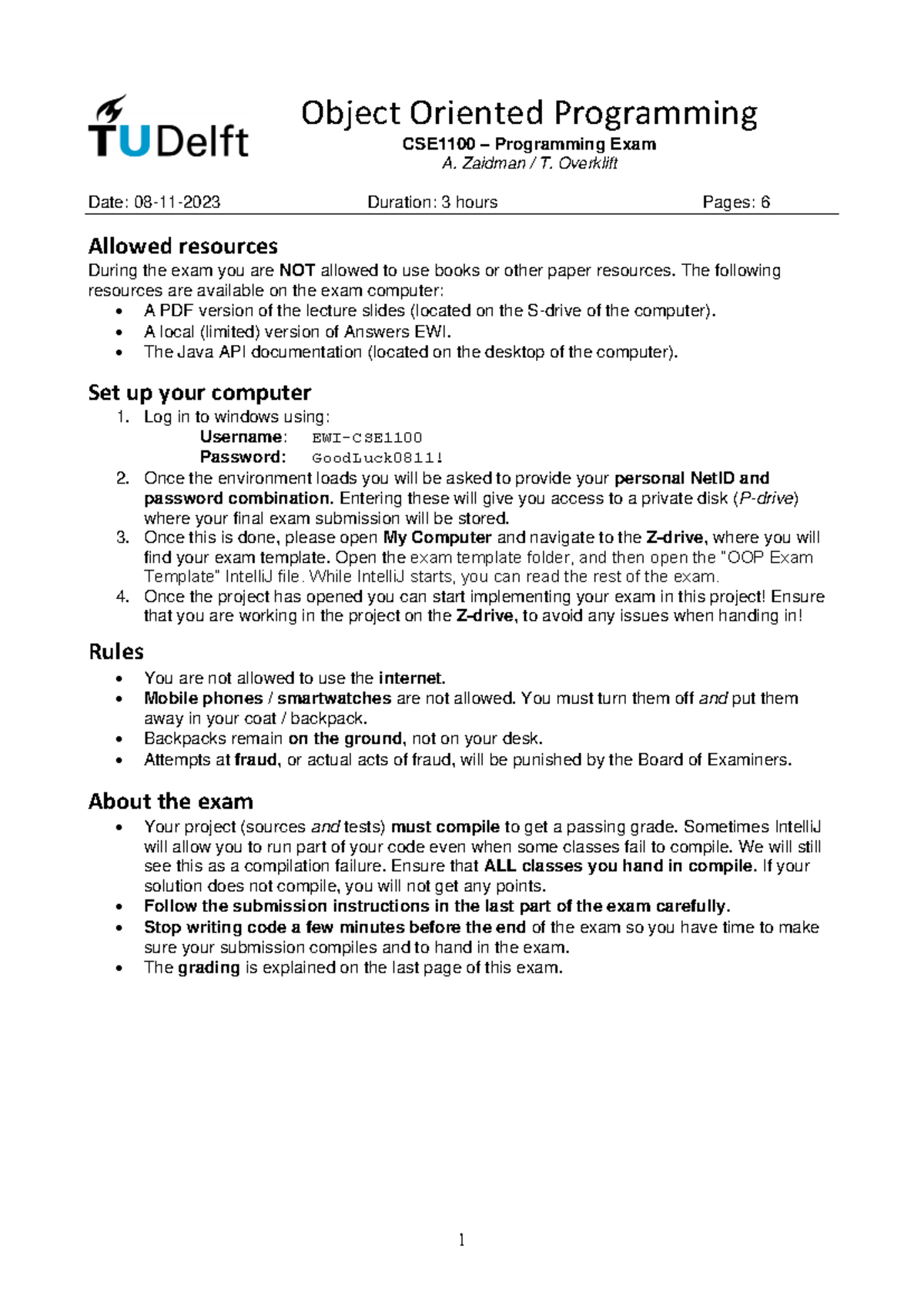 CSE1100 Object Oriented Programming Endterm Exam 2023 - Studeersnel