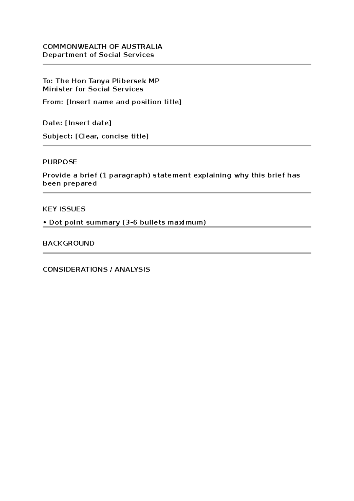 Policy Brief Template - LAWS1160 - COMMONWEALTH OF AUSTRALIA Department ...