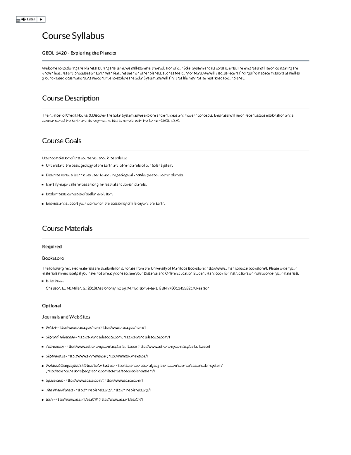 GEOL 1420 Winter 2021 Course Syllabus: Exploring the Planets - Studocu