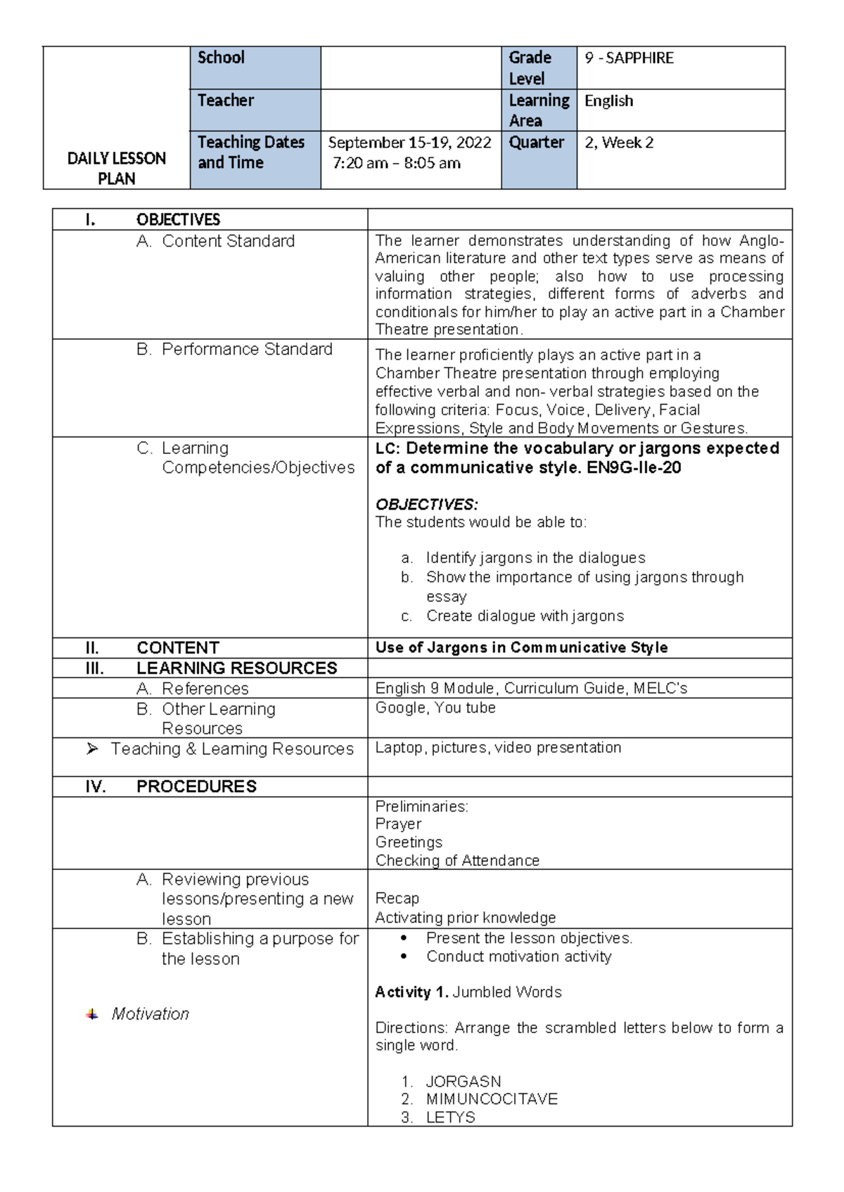 Lesson Plan: Jargons in Communicative Style (Grade 9) - Studocu