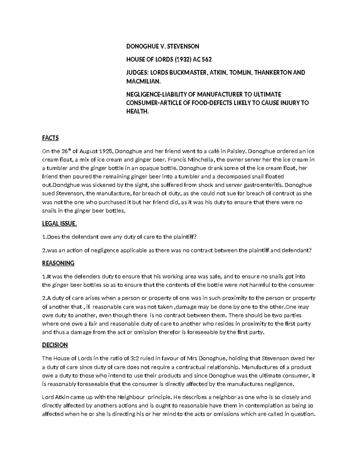 D V S - Case Study on Donoghue v. Stevenson (1932) AC 562 - Studocu